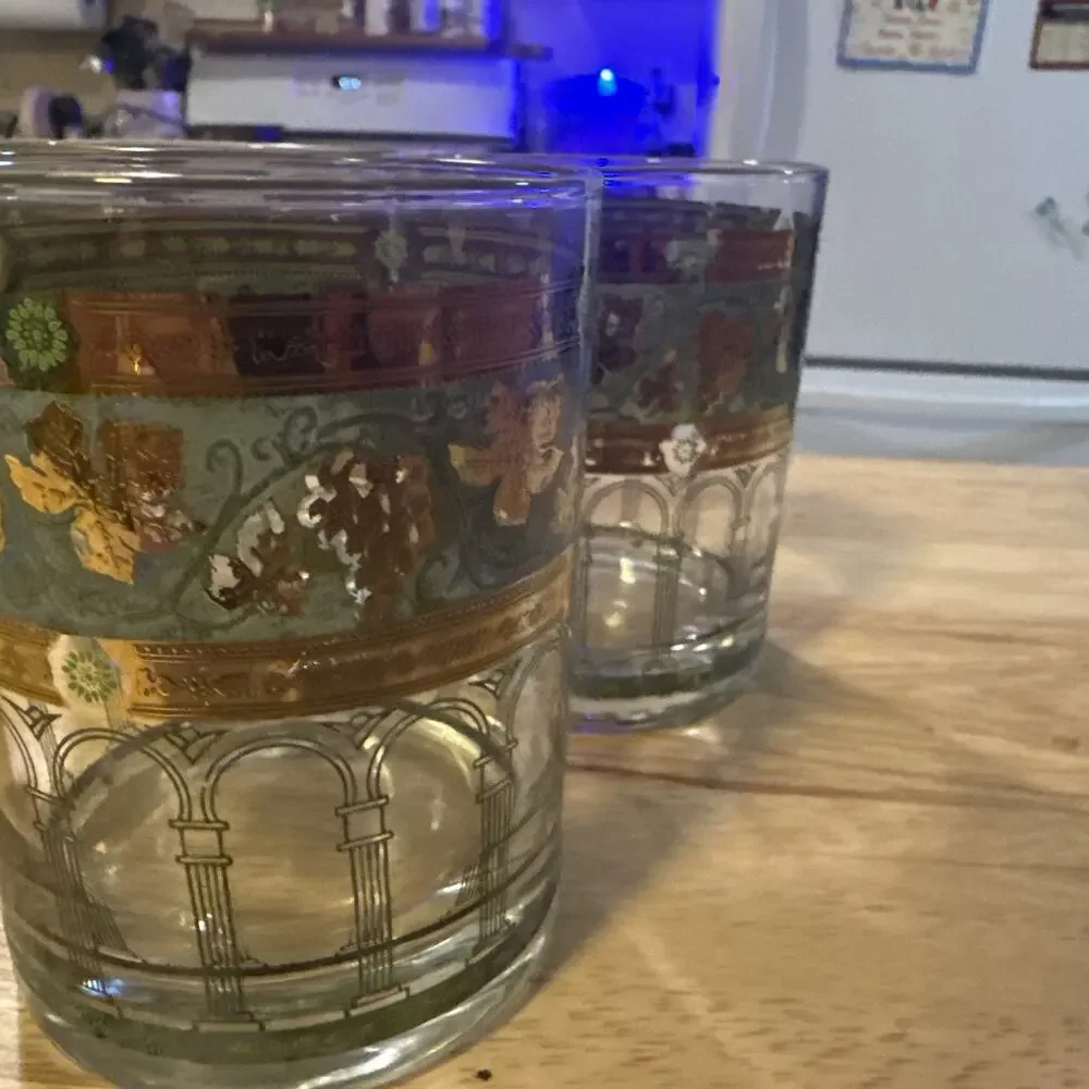 Golden Grapes Rocks Glasses Green VTG Lot 11 MCM 22k Gold 12 oz